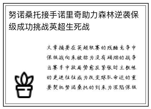 努诺桑托接手诺里奇助力森林逆袭保级成功挑战英超生死战 努诺桑托接手诺里奇助力森林逆袭保级成功挑战英超生死战
