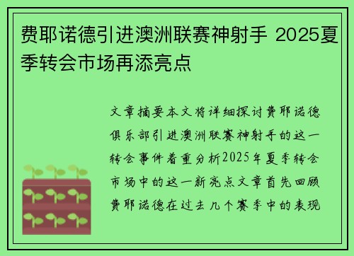费耶诺德引进澳洲联赛神射手 2025夏季转会市场再添亮点 费耶诺德引进澳洲联赛神射手 2025夏季转会市场再添亮点